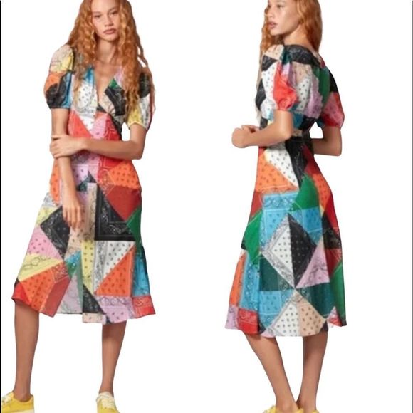 STAUD Dresses & Skirts - STAUD Milla Patchwork Bandana Rainbow Midi Dress NWT Sz 6